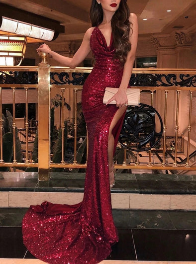 Sparkly Mermaid V-Neck Burgundy Prom Dress TB1348