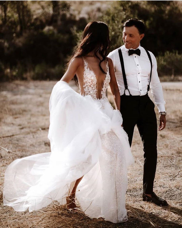 Sexy Deep V Lace Appliques Wedding Dresses Hot Slit Tulle Bridal Gown