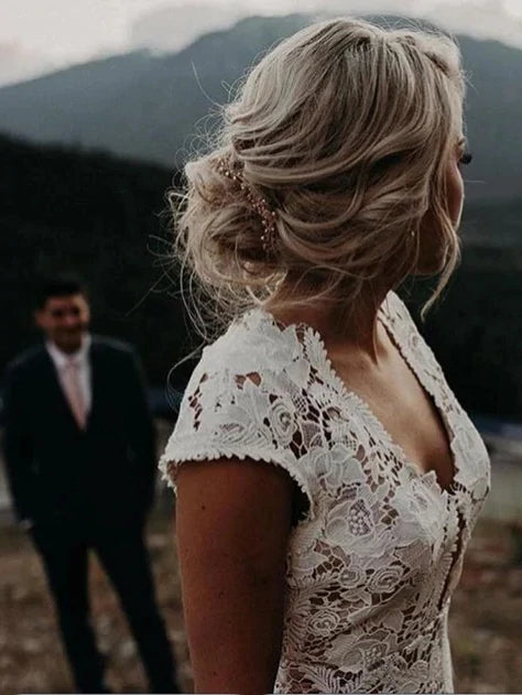 lace wedding dress with cap sleeves High Neck Appliques A-Line Loveiss Nellia is understated elegance at its best Lace Cap Sleeve Wedding Dress