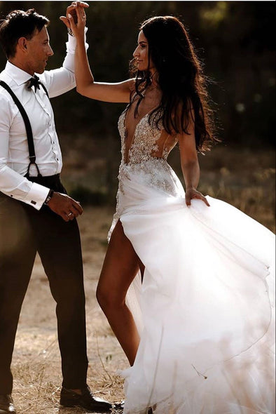 Sexy Deep V Lace Appliques Wedding Dresses Backless
