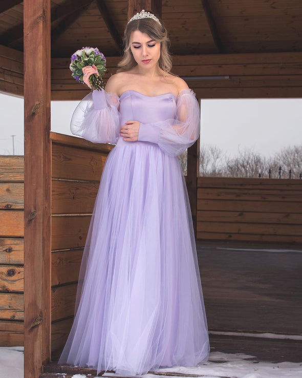 Lavender Long Sleeves Tulle Bridesmaid Dresses A Line