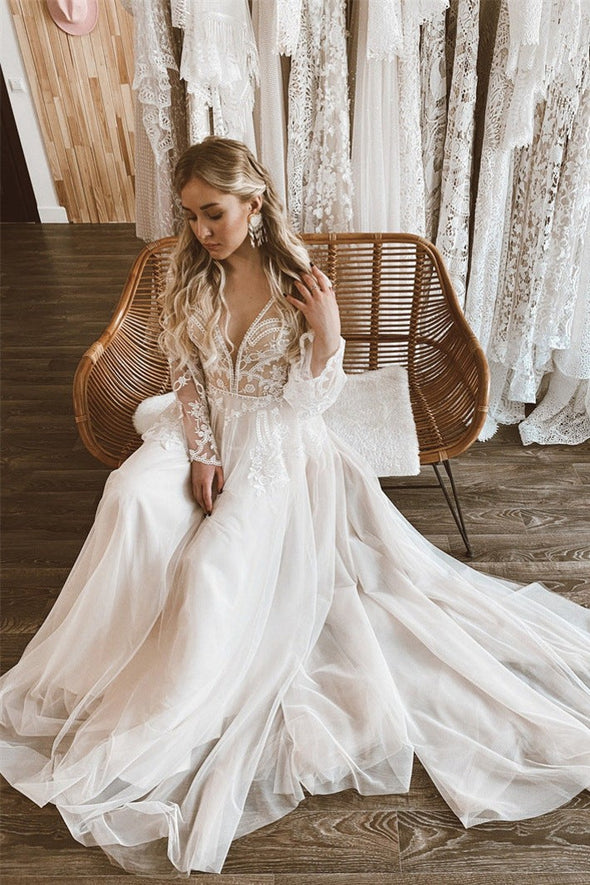 Two Pieces Lace Top Flare Sleeves Open Back Wedding Dress