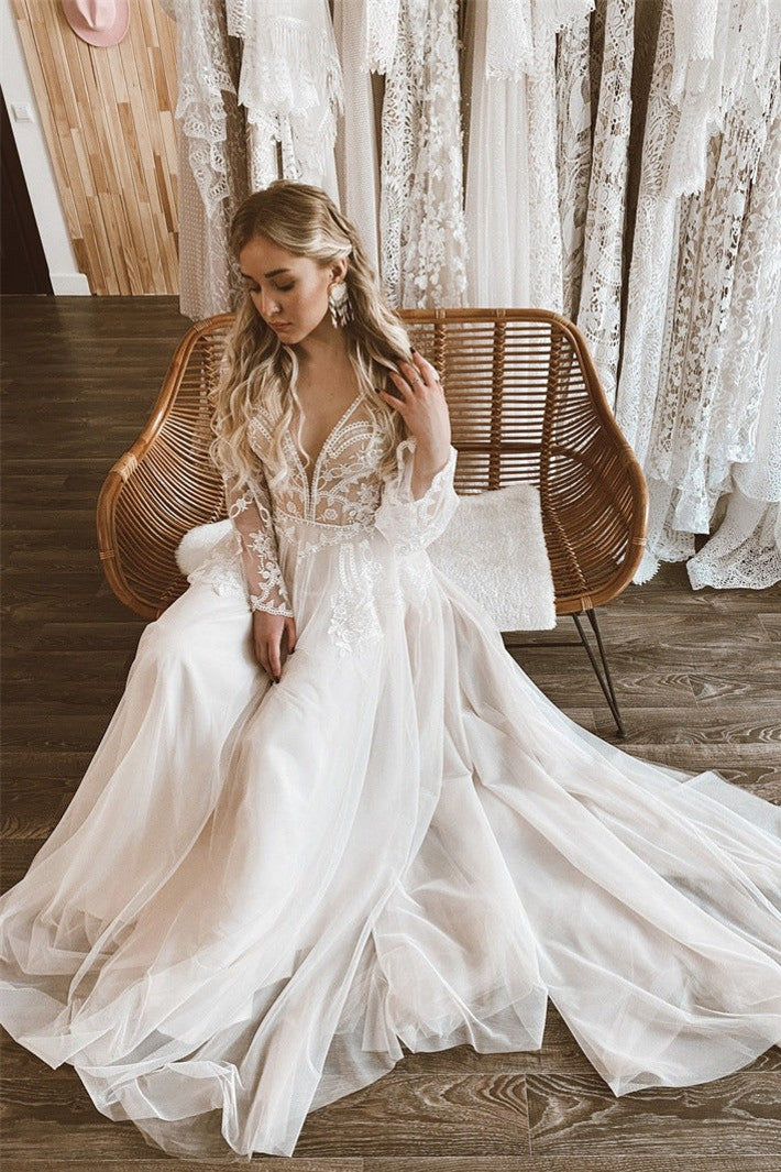 Two Pieces Lace Top Flare Sleeves Open Back Wedding Dress TANYA BRIDAL Two Pieces Lace Top Flare Sleeves Open Back Wedding Dress TANYA BRIDAL