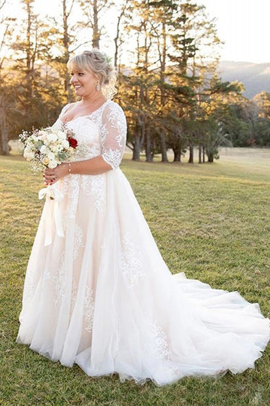 Plus Size V Neck Half Sleeves Nude Lining Lace Wedding Dress