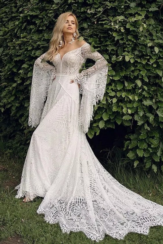 Boho Wedding Dress with Flared Bell Sleeves