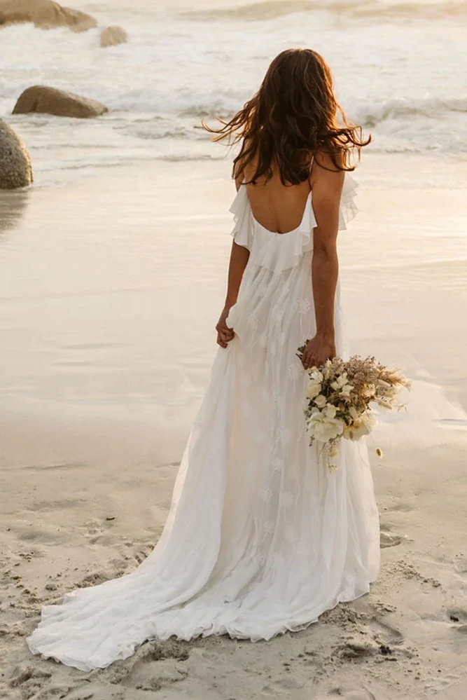 wedding dresses backless beach Ivory Rustic Wedding Dresses Backless Lace Long Sleeve Beach Wedding Dress AWD1198