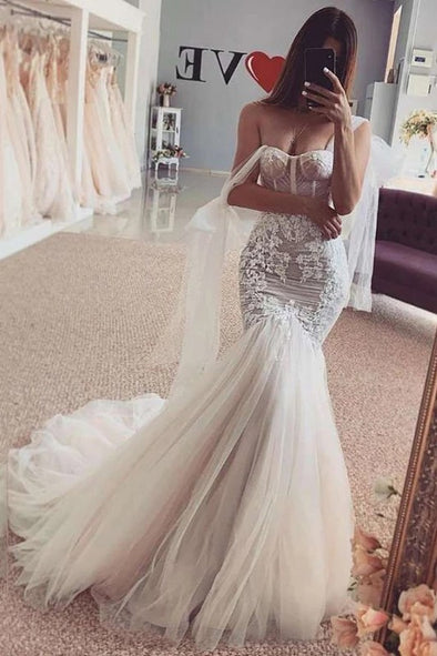 Sexy Mermaid Wedding Dresses Champagne LIning Lace off Shoulder