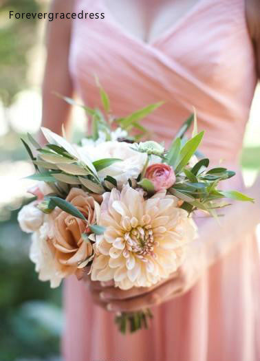 Chiffon Bridesmaid Dress Pink V-neck Backless Ruched Maid of Honor Gown