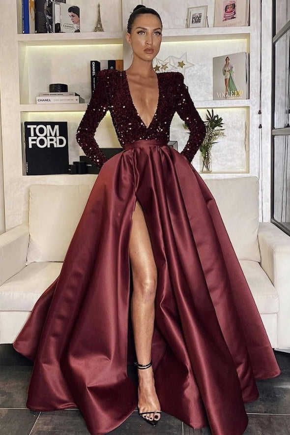 Sexy Deep V Elegant Evening Dresses With Long Sleeve