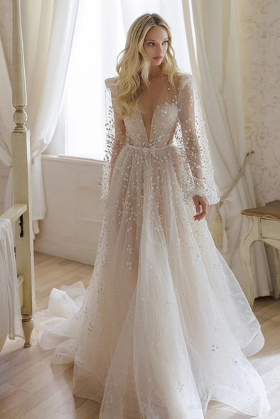 Long Sleeve V-Neck Romantic Boho Bridal Gowns A Line Noivas ZW878