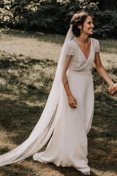 V Neck Short Sleeves Lace Modest A Line Wedding Dress