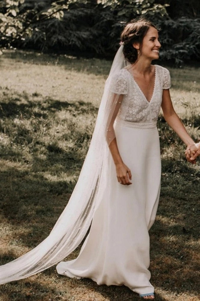 V Neck Short Sleeves Lace Modest A Line Wedding Dress TANYA BRIDAL V Neck Short Sleeves Lace Modest A Line Wedding Dress TANYA BRIDAL