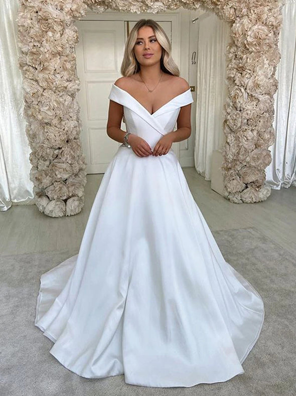 V Neck Off The Shoulder A Line Satin Simple Wedding Dress