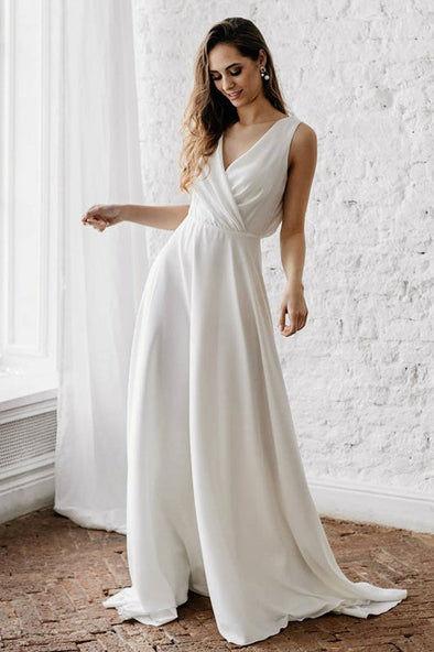 Elegant V Neck Sleeveless A Line Simple Satin Wedding Dress With Veil