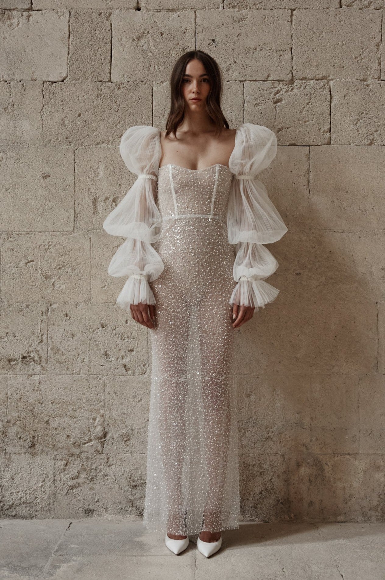 pleated tulle wedding dress Beach Pleated Tulle Off-The-Shoulder A-Line Wedding Dresses With Slit, White-Nude / 0