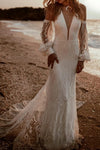 Bohemian Open Back Detachable Sleeve Mermaid Lace Wedding Dress