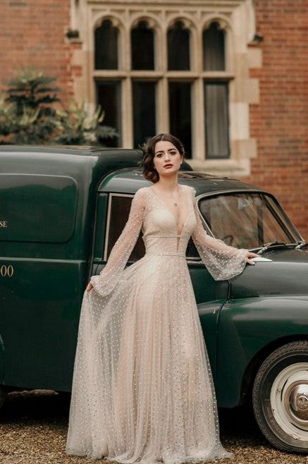 nude bohemian dress Nude Boho Long Sleeve Wedding Dress Bohemian Bridal Gown RDS001 vigocouture