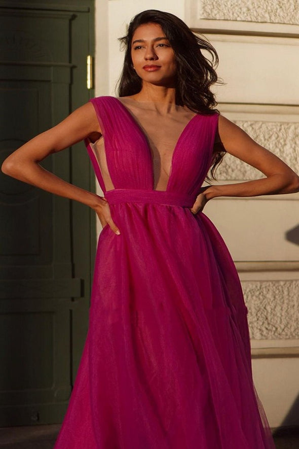 Hot Pink A Line Tulle Backless Prom Dresses