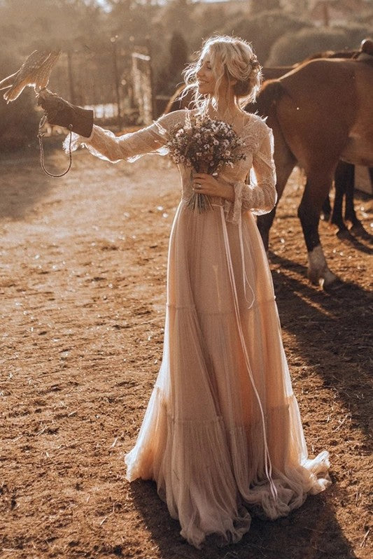Nude champagne Country Wedding Dresses Long sleeve V-Neck Bridal Gowns – TANYA BRIDAL