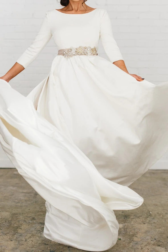 Modest Elegant Satin Wedding Dress Backless With Beads Belt