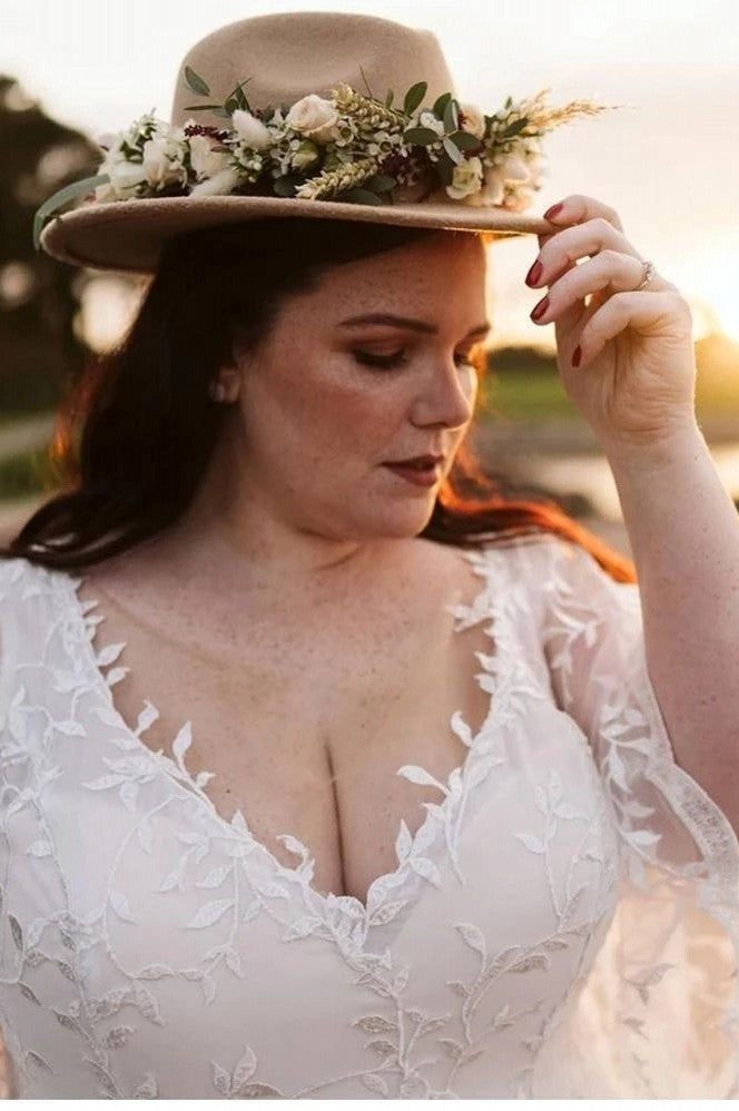 Plus Size V Neck Flare Sleeves Bohemian Lace Wedding Dress – TANYA BRIDAL Plus Size V Neck Flare Sleeves Bohemian Lace Wedding Dress – TANYA BRIDAL