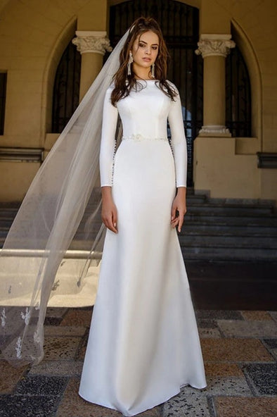 Simple Satin Muslim Wedding Dresses Long Sleeve Pearls O-neck