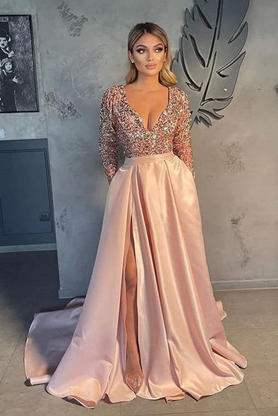 A Line V Neck Long Sleeves Women Evening Dress With Pockets