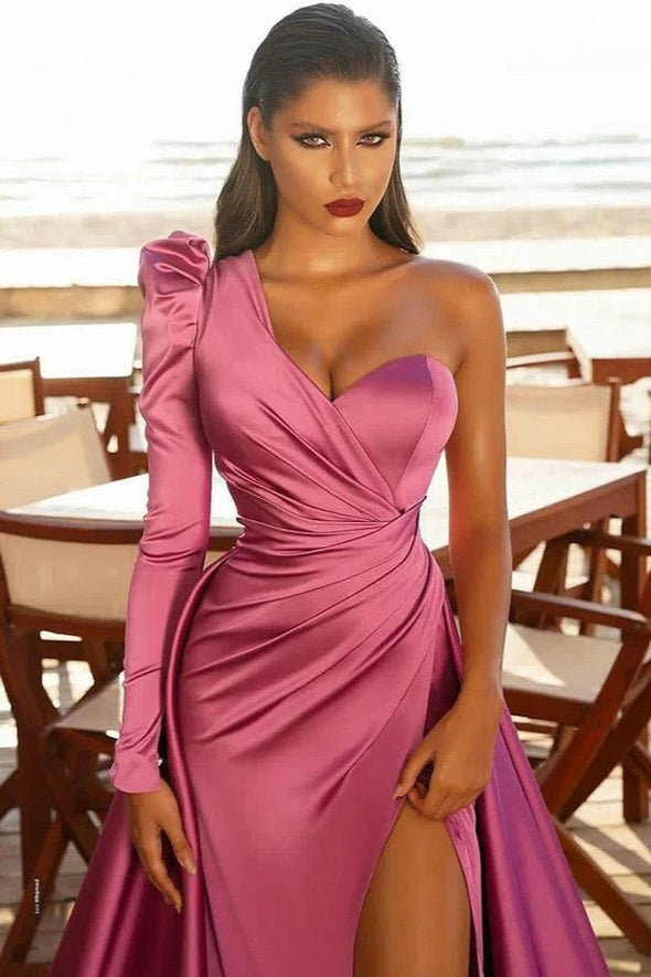 Delicate Hot Pink One Shoulder Long Evening Dress
