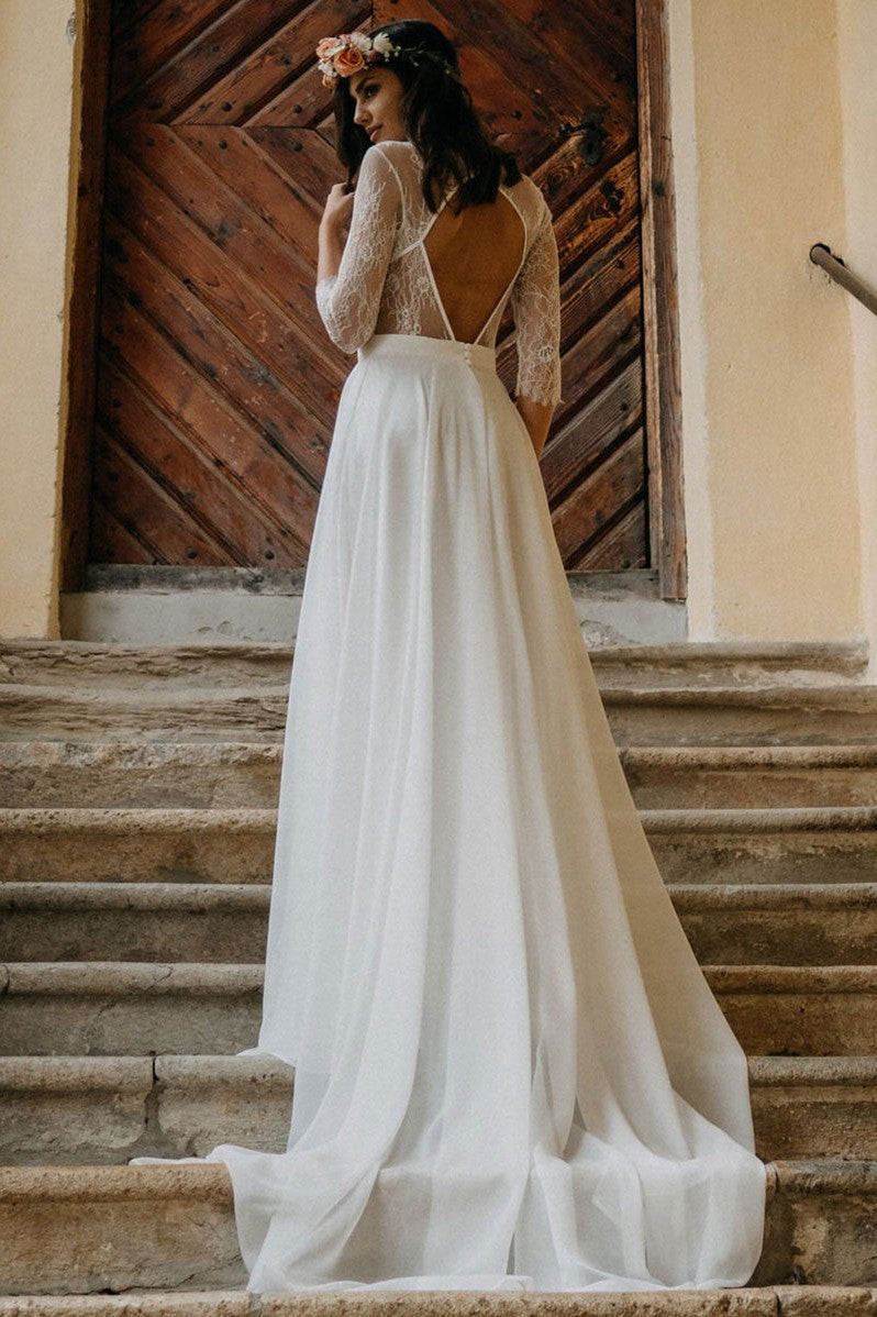 Bohemian Long Wedding Dress With Lace Top Chiffon Open Back Bridal Gow TANYA BRIDAL Bohemian Long Wedding Dress With Lace Top Chiffon Open Back Bridal Gow TANYA BRIDAL