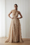 Champagne Tired Tulle Halter Backless Layered A-Line Boho Bridal Gowns DW678