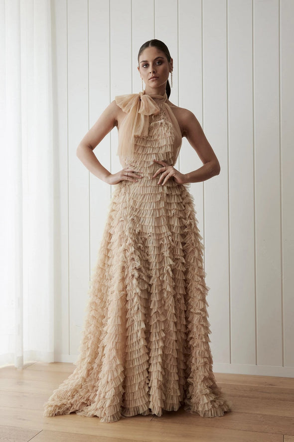 Champagne Tired Tulle Halter Backless Layered A-Line Boho Bridal Gowns DW678
