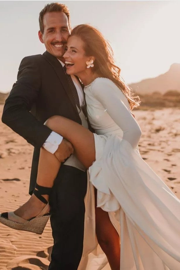 Vintage Crepe Long Sleeve Wedding Dress – TANYA BRIDAL Vintage Crepe Long Sleeve Wedding Dress – TANYA BRIDAL