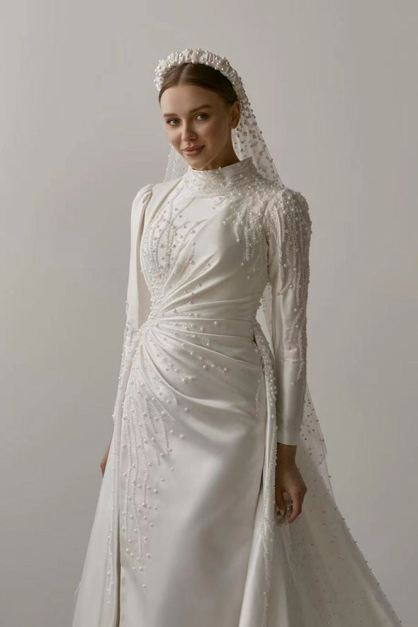 Luxury Beads Long Wedding Dress For Muslim