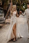 Bohemian Sheath Lace Side Split Wedding Dress With Ruffles