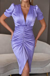 Lavender Short Cocktail Dresses V Neck Straight Silk Satin Party Gown