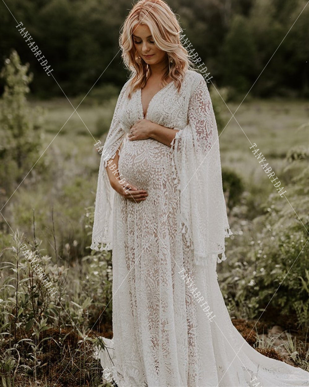 Flare Sleeve High Wasit Pregnant Tassel Lace Wedding Dresses Noivas ZW333 - Flare Sleeve High Wasit Pregnant Tassel Lace Wedding Dresses Noivas ZW333 -