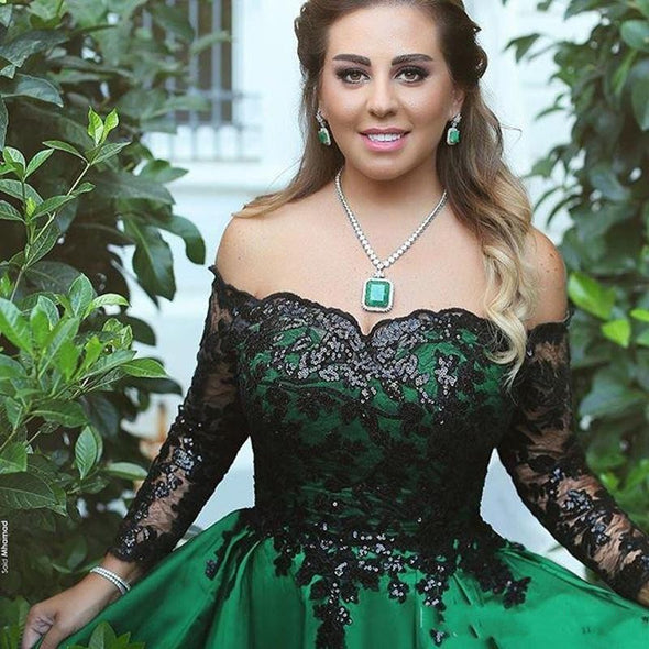 Off shoulder Dark Green Ball Gown Evening Dresses with Long Sleeves