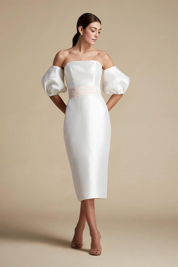 Tea Length Sheath Satin Wedding Dresses With Detachable Sleeve  ZW834