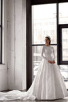 Vintage Jacquard Satin A Line Royal Wedding Bridal Gown Long Sleeves