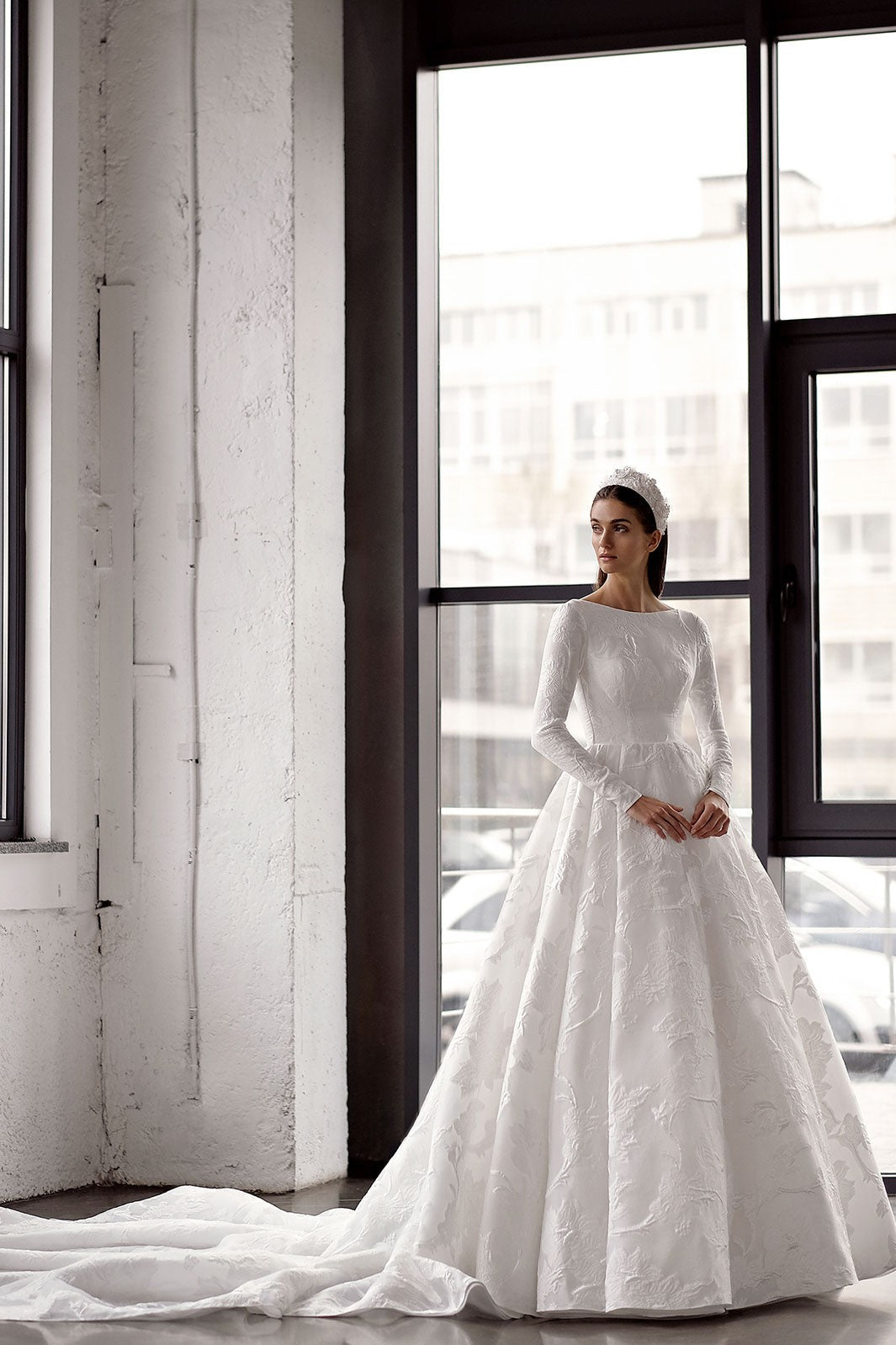 Vintage Jacquard Satin A Line Royal Wedding Bridal Gown Long Sleeves TANYA BRIDAL Vintage Jacquard Satin A Line Royal Wedding Bridal Gown Long Sleeves TANYA BRIDAL