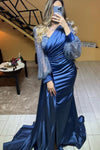 Long Sleeve Mermaid Satin Arab Navy Evening Dresses