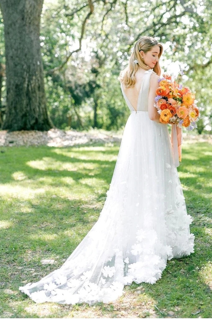 Elegant A Line V Neck Tulle Flower Fairy Wedding Dress TANYA BRIDAL Elegant A Line V Neck Tulle Flower Fairy Wedding Dress TANYA BRIDAL