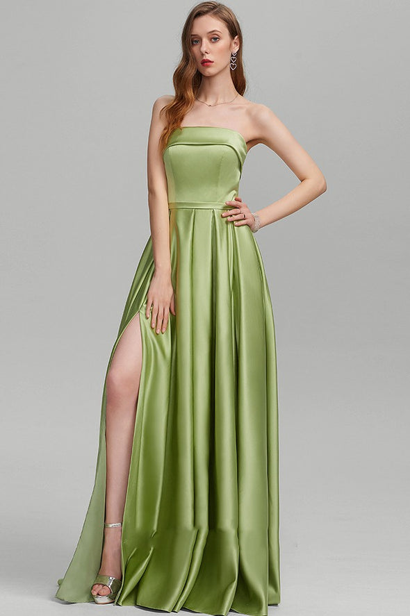 Sage Green Long A Line Evening Dress Prom Gown With Slit