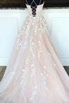 A Line Lace Appliques Champagne Prom Dresses Long