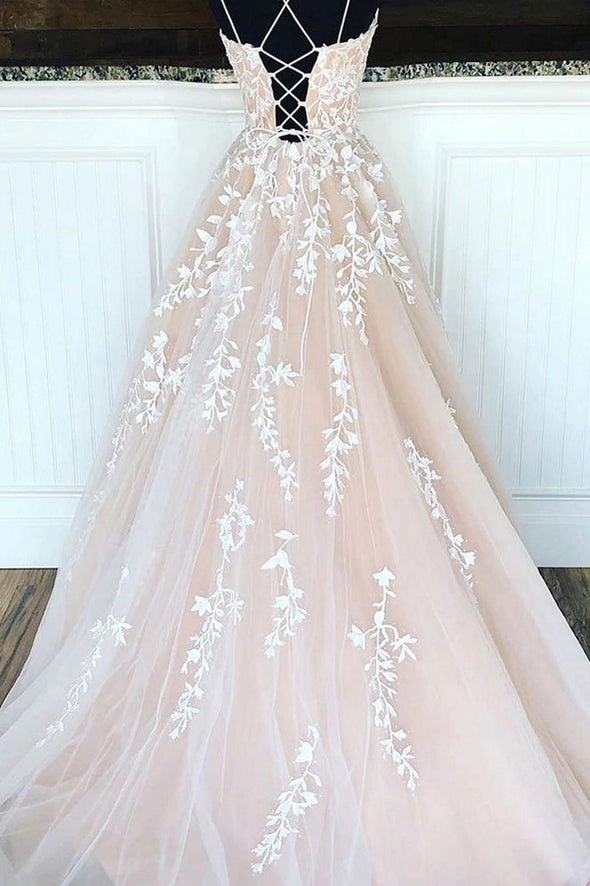 A Line Lace Appliques Champagne Prom Dresses Long