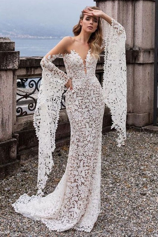 Elegant Floral Lace Illusion Neck Flare Sleeves Champagne Lining Wedding Dress - Elegant Floral Lace Illusion Neck Flare Sleeves Champagne Lining Wedding Dress -