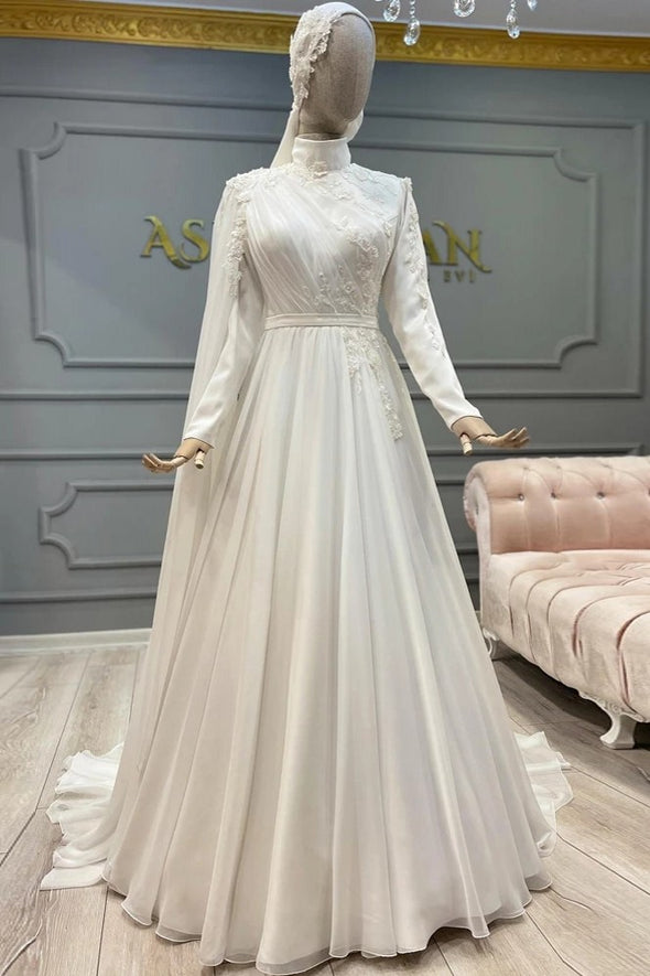 Elegant A-Line Chiffon Lace Muslim Long Sleeve Bridal Dress