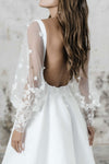 A Line White Satin Wedding Bridal Dress Illusion Long Sleeves Side Split