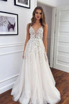 A Line V Neck Light Champagne Appliques Modest Wedding Dresses