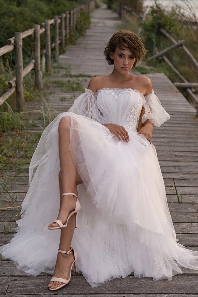 A Line Tulle High Low Beach Wedding Dress With Detachable Sleeves TANYA BRIDAL A Line Tulle High Low Beach Wedding Dress With Detachable Sleeves TANYA BRIDAL